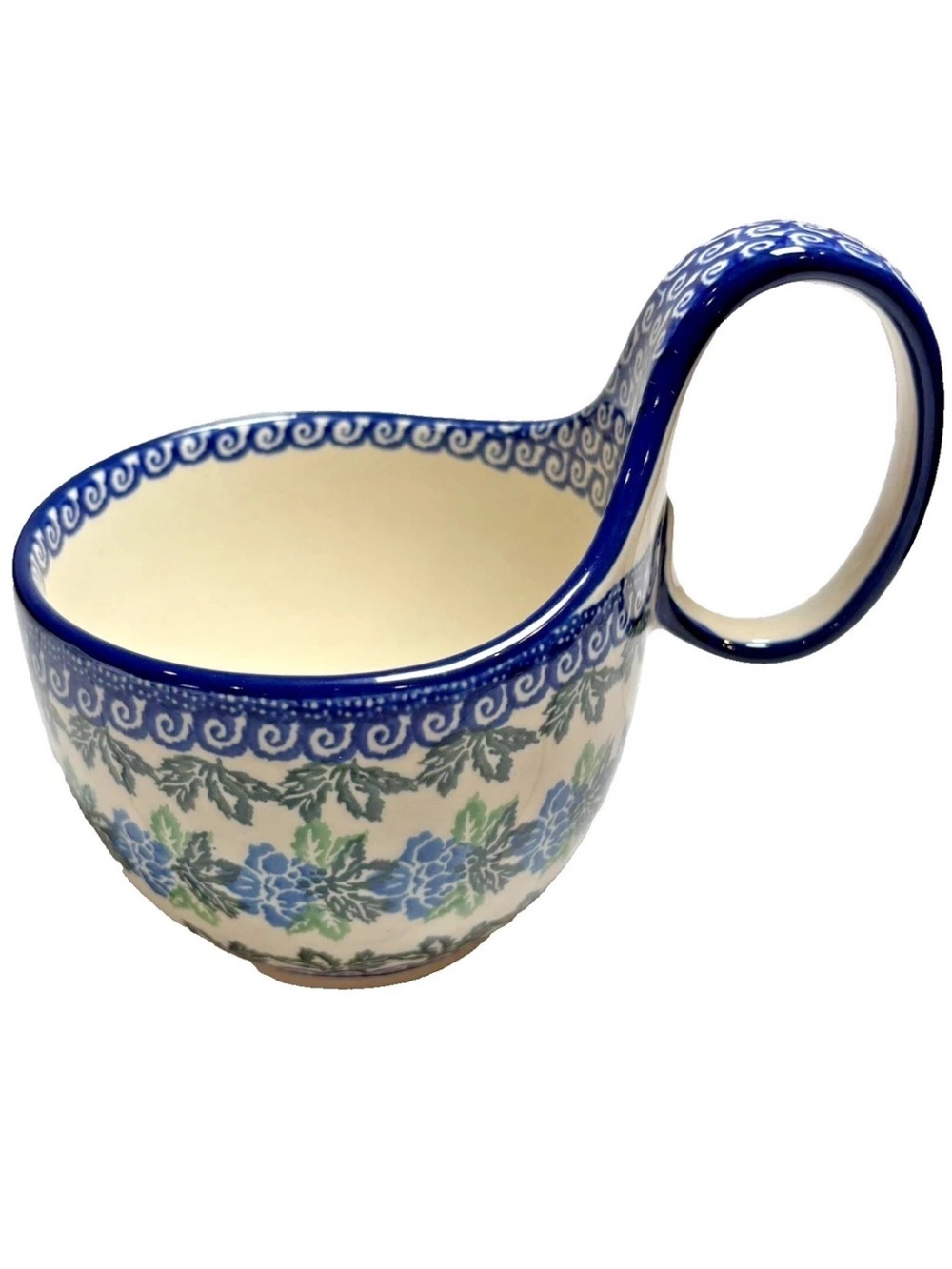 Polish Pottery Soup Bowl Loop Handle Cobalt Blue Green Floral Leaf Boleslawiec